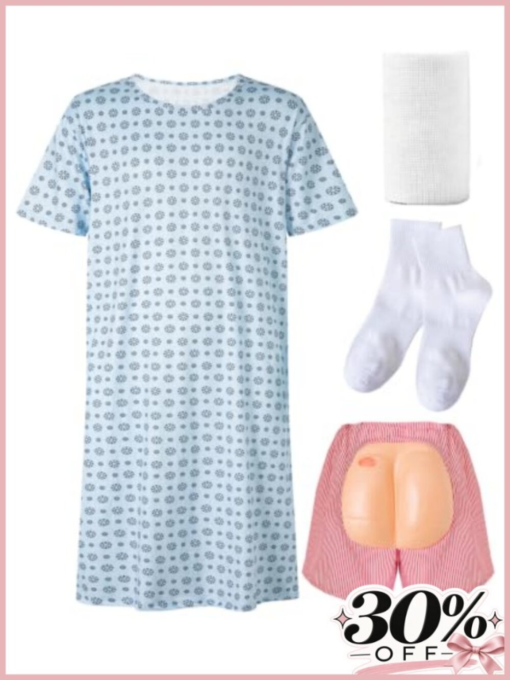 Men's Hospital Patient Costume Set with Fake Butt Pants 4pc Halloween